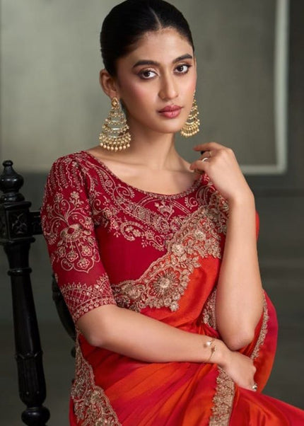 Orange and Red Embroidered Saree