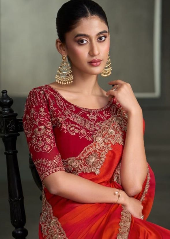 Orange and Red Embroidered Saree