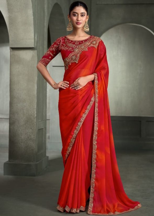 Orange and Red Embroidered Saree