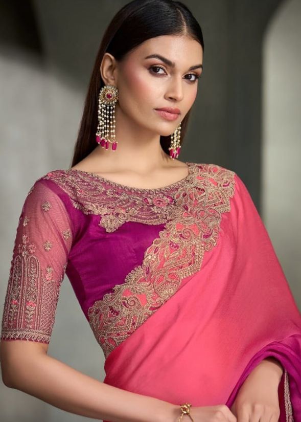 Pink and Purple Embroidered Saree