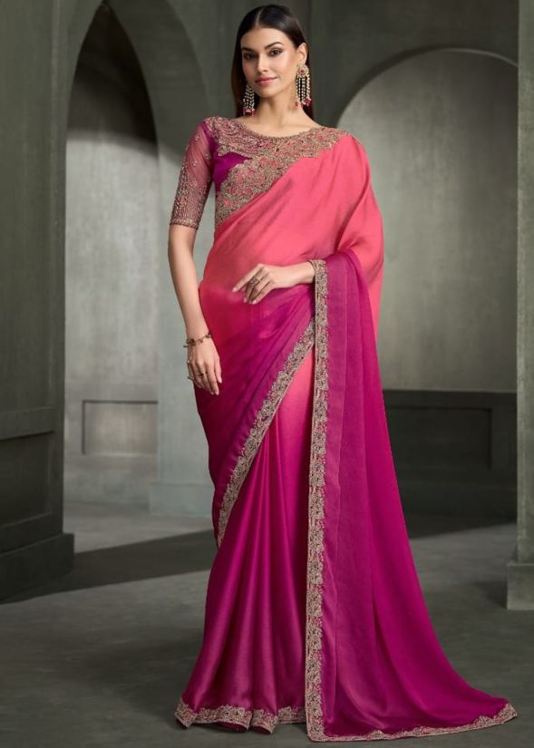 Pink and Purple Embroidered Saree