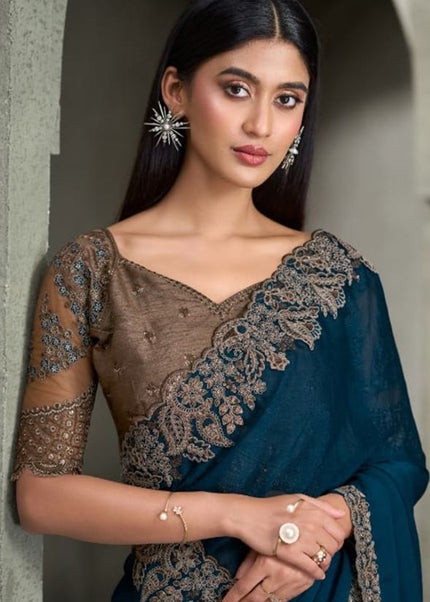 Teal and Beige Embroidered Saree