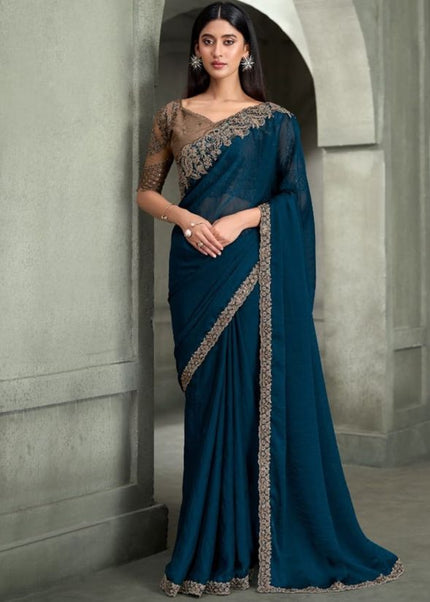 Teal and Beige Embroidered Saree