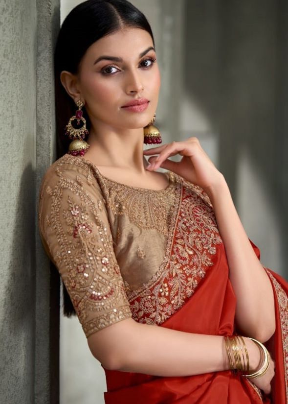 Orange and Beige Embroidered Saree