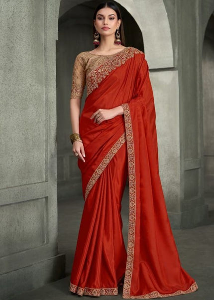 Orange and Beige Embroidered Saree