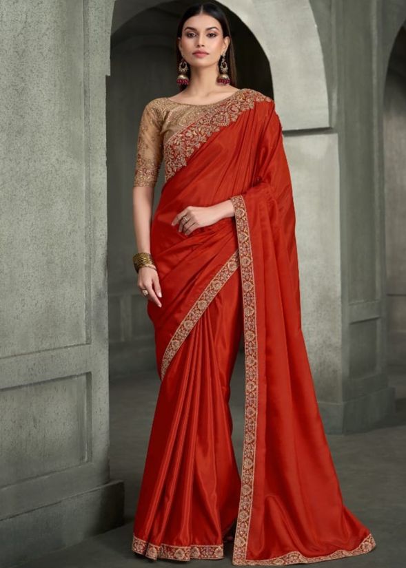 Orange and Beige Embroidered Saree