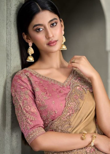 Beige and Pink Embroidered Saree