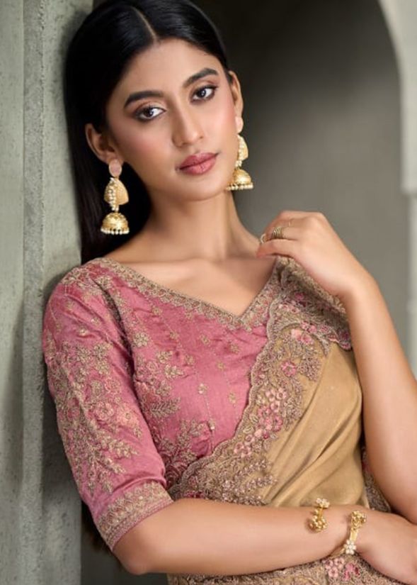 Beige and Pink Embroidered Saree