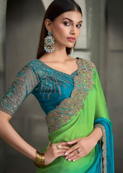 Green and Teal Embroidered Saree