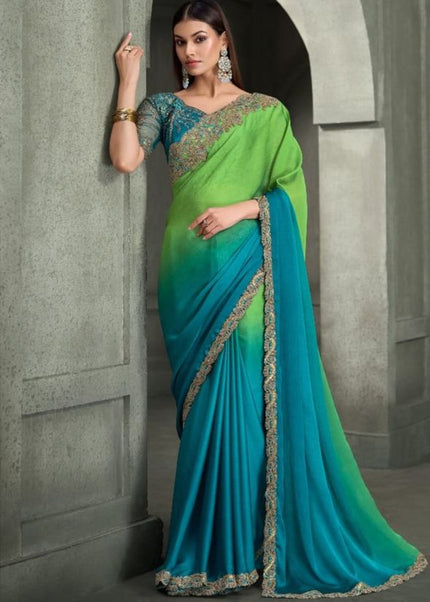Green and Teal Embroidered Saree