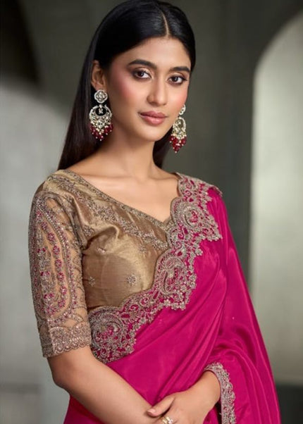 Pink and Beige Embroidered Saree