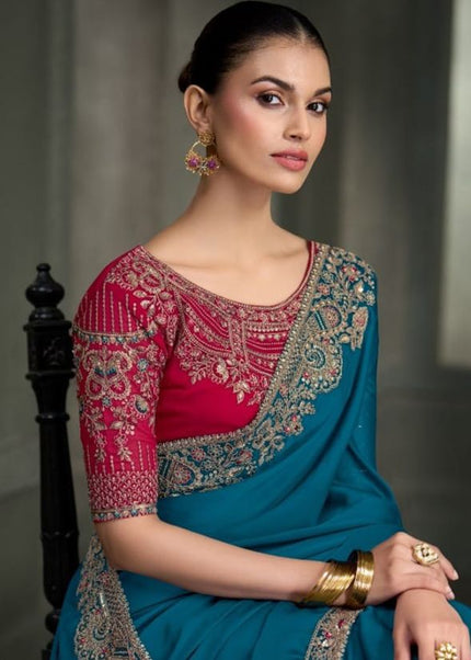 Teal and Red Embroidered Saree