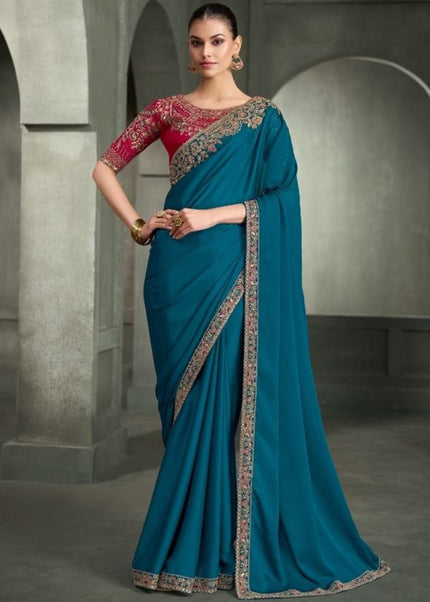 Teal and Red Embroidered Saree