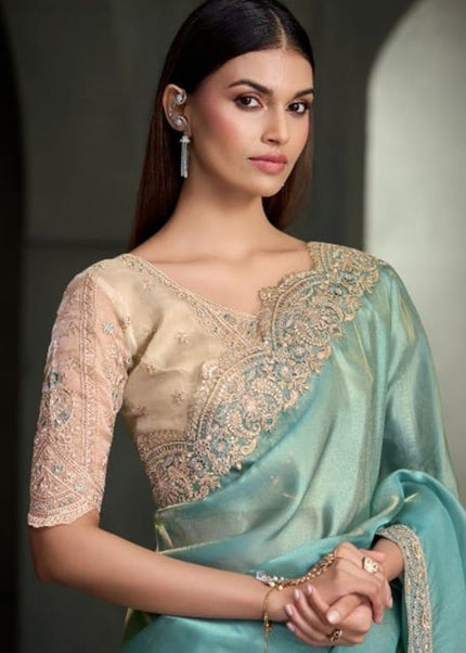 Sky Blue and Beige Embroidered Saree