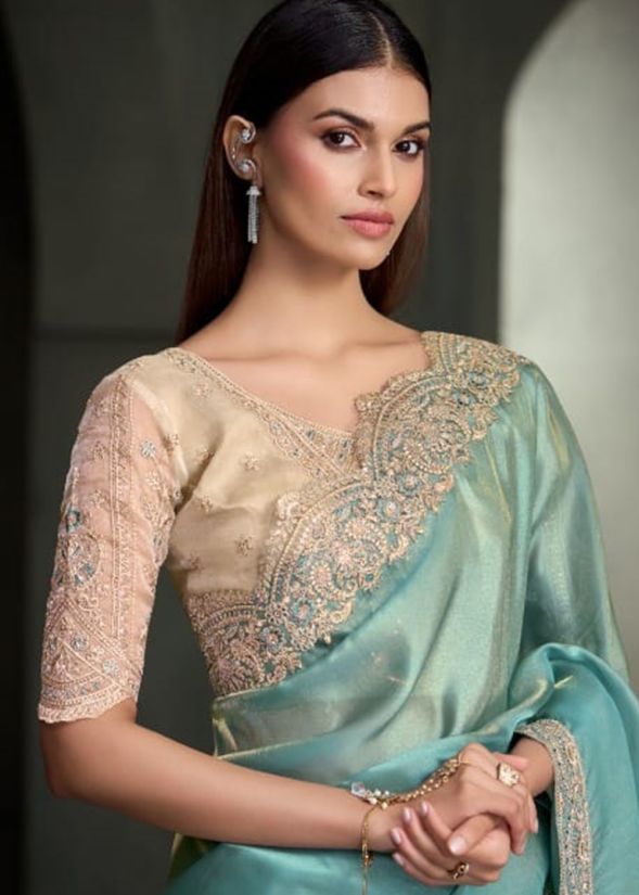 Sky Blue and Beige Embroidered Saree