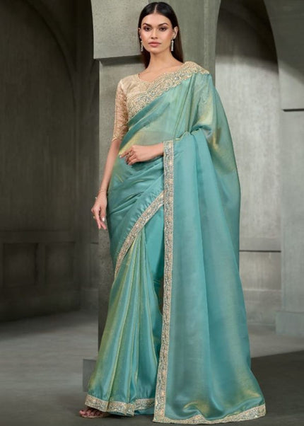 Sky Blue and Beige Embroidered Saree