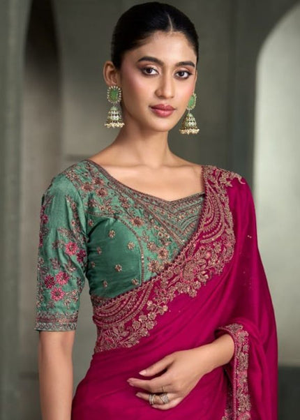 Pink and Sea Green Embroidered Saree