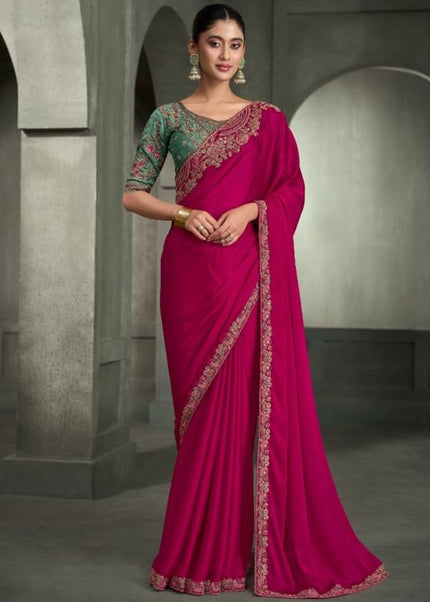 Pink and Sea Green Embroidered Saree