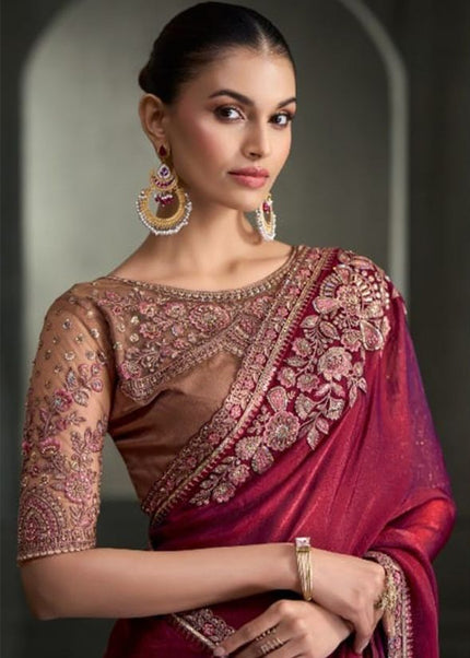 Red and Purple Embroidered Saree