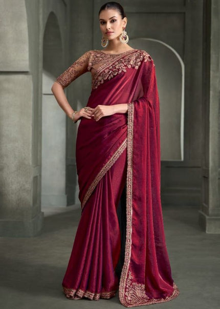 Red and Purple Embroidered Saree