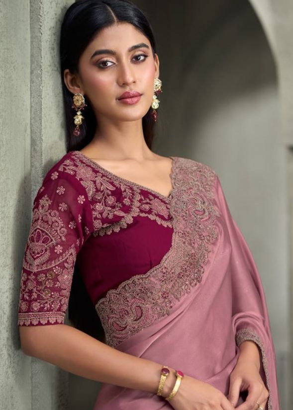 Pink and Maroon Embroidered Saree
