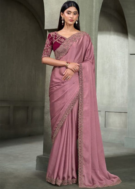 Pink and Maroon Embroidered Saree