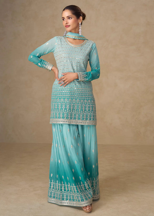 Sky Blue Embroidered Sharara Suit