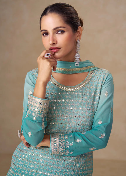 Sky Blue Embroidered Sharara Suit