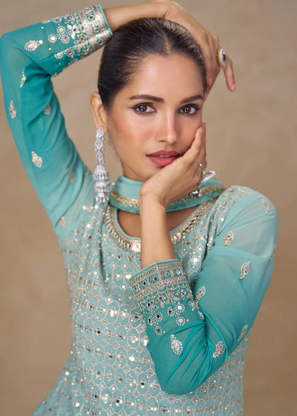 Sky Blue Embroidered Sharara Suit