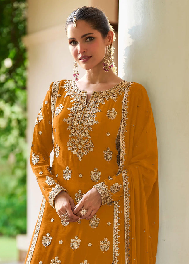 Mustard Yellow Embroidered Sharara Suit