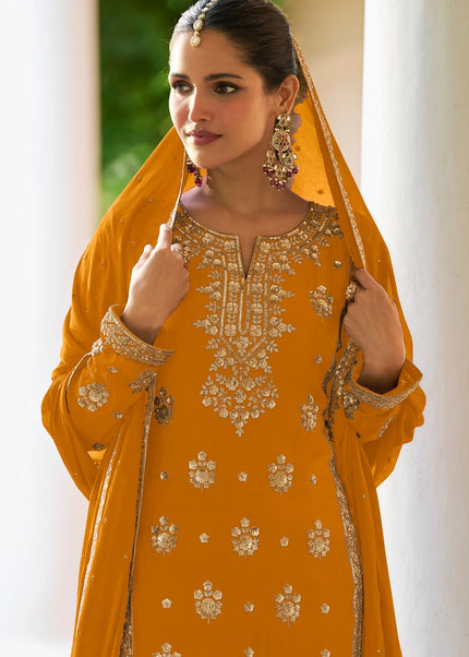 Mustard Yellow Embroidered Sharara Suit