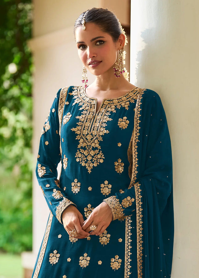 Teal Embroidered Sharara Suit