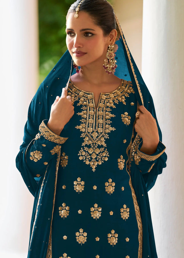 Teal Embroidered Sharara Suit