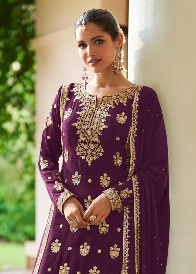 Purple Embroidered Sharara Suit