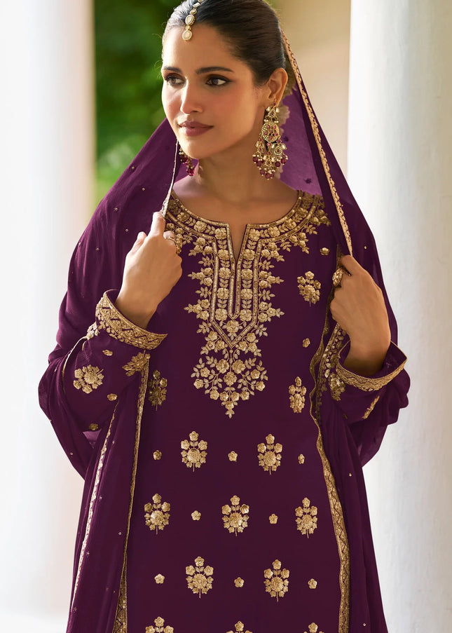 Purple Embroidered Sharara Suit