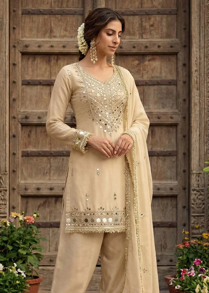Cream Embroidered Pant Style Suit