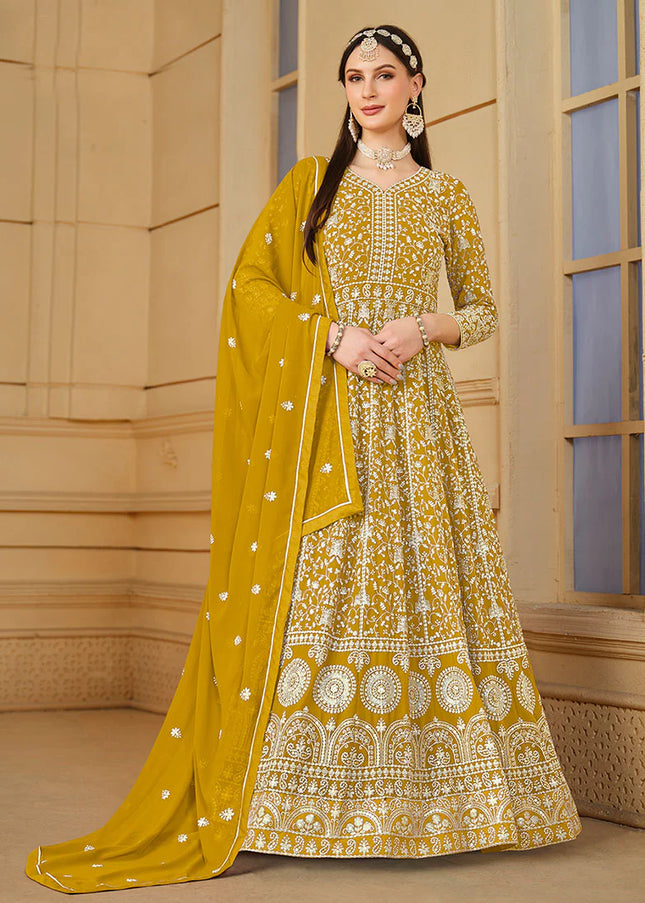 Yellow Georgette Embroidered Anarkali