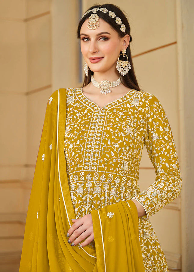 Yellow Georgette Embroidered Anarkali