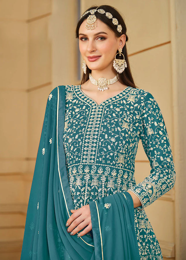 Turquoise Georgette Embroidered Anarkali
