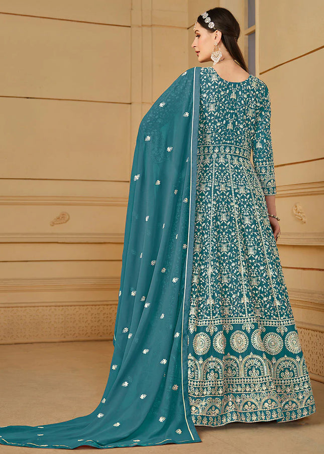 Turquoise Georgette Embroidered Anarkali