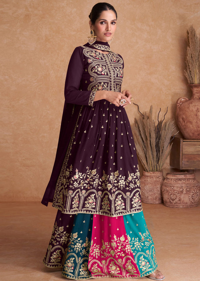 Purple Multilcolor Embroidered Sharara Suit