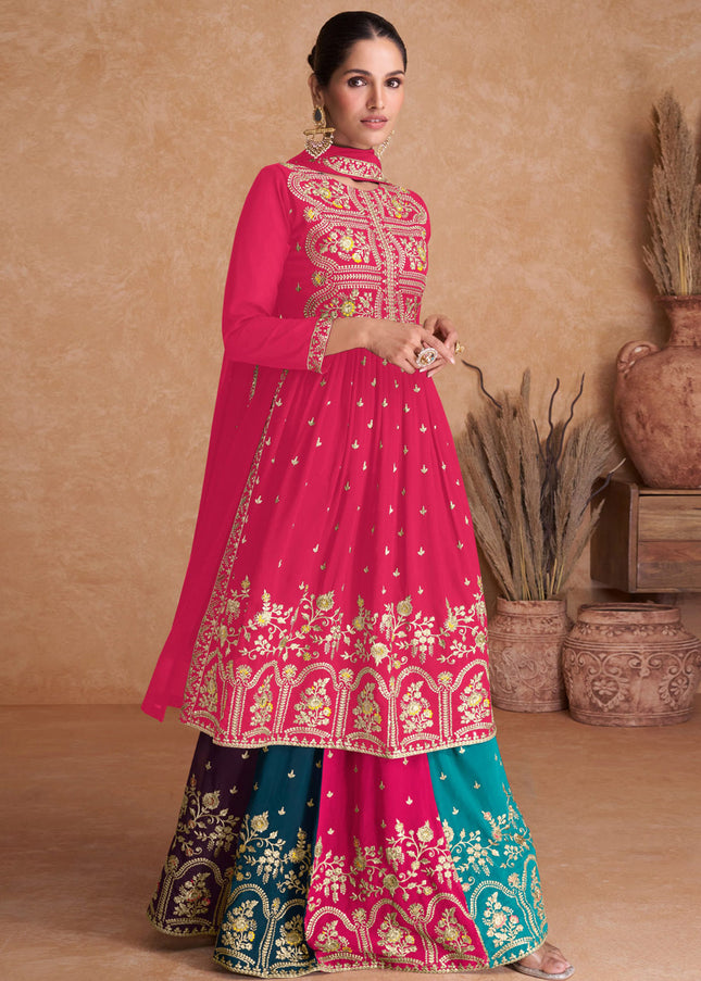Pink Multilcolor Embroidered Sharara Suit