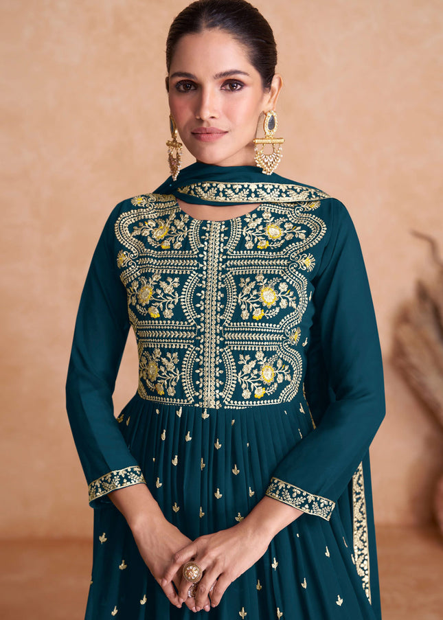 Teal Multilcolor Embroidered Sharara Suit