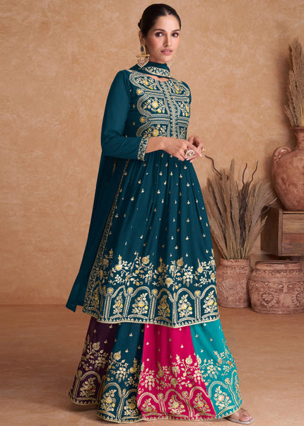 Teal Multilcolor Embroidered Sharara Suit