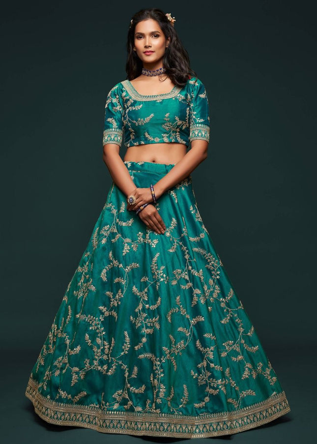 Green and Gold Embroidered Lehenga