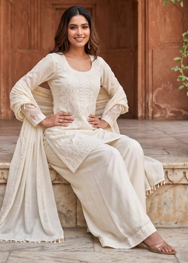 Offwhite Embroidered Palazzo Suit