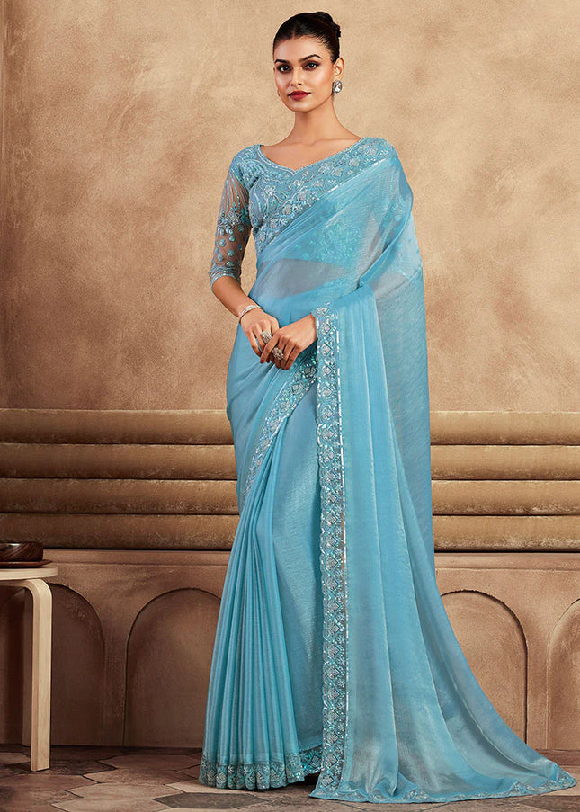 Sky Blue Embroidered Saree