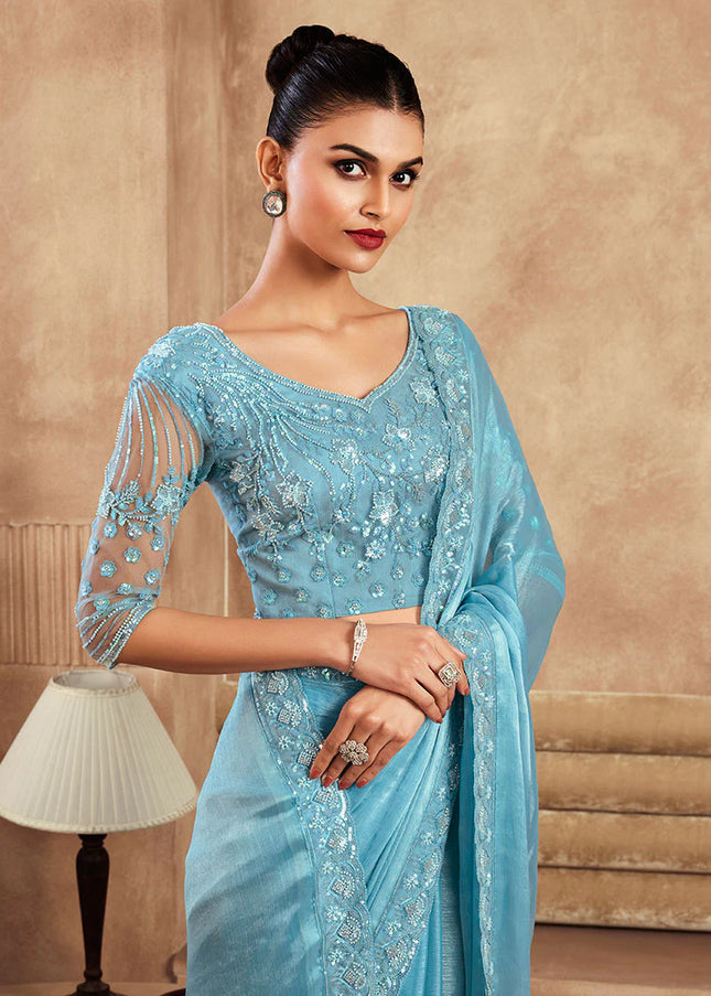 Sky Blue Embroidered Saree