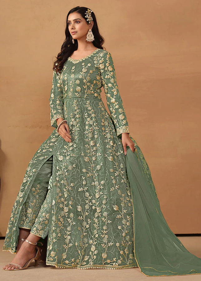 Green Embroidered Pant Style Anarkali