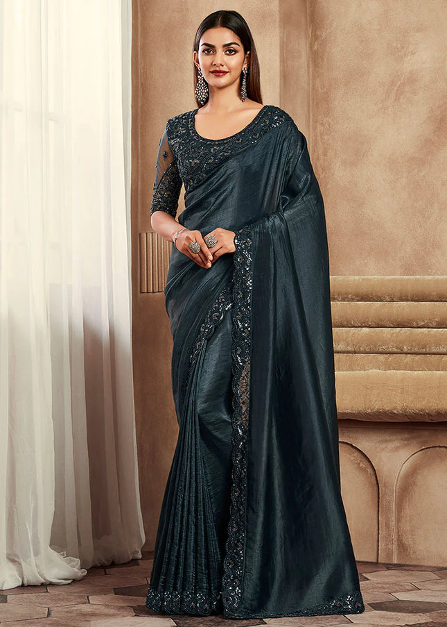 Teal Embroidered Saree